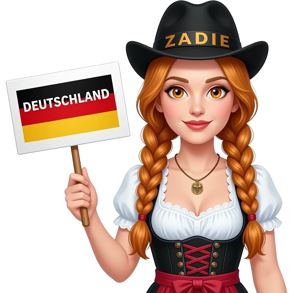 sexy girl with overlong ginger braids and ginger eyes wearing a german dirndl and a black bavarian hat with ZADIE written on it, is holding a sign with DEUTSCHLAND written on it emoji