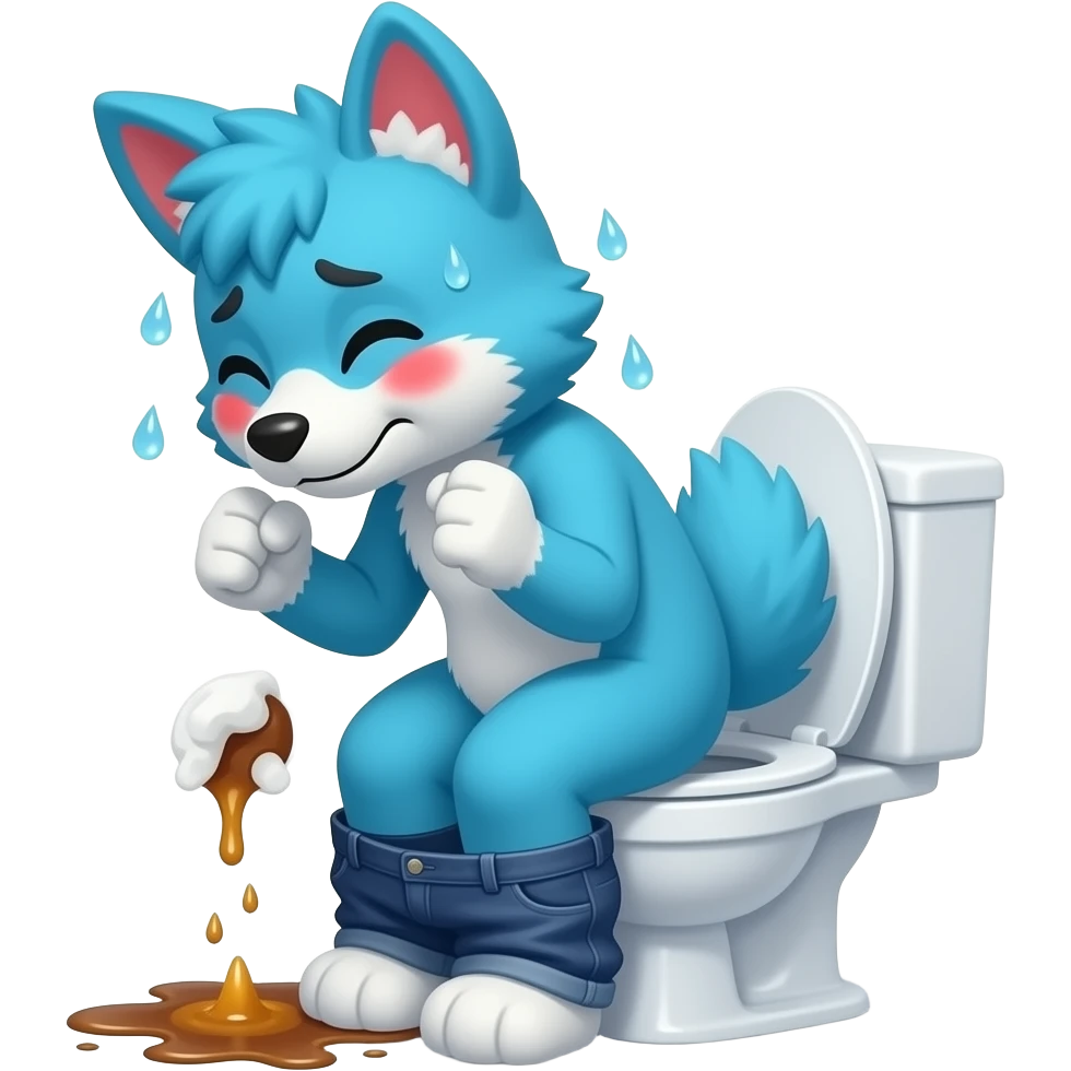 blue fursuit sitting on toilet, pants down, side view , both fists , uncomfortable, squeezing, straining, sweating, red cheeks, diarrhea emoji
