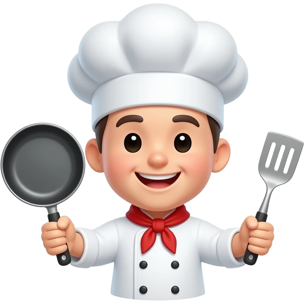 iOS-like 3D cooking emoji icon, cute chef face wearing a white chef hat, holding a small frying pan and spatula, cheerful expression, soft rounded glossy texture, clean white background, centered composition, minimal cute icon style. No apples, no fruit, no food in the background. emoji