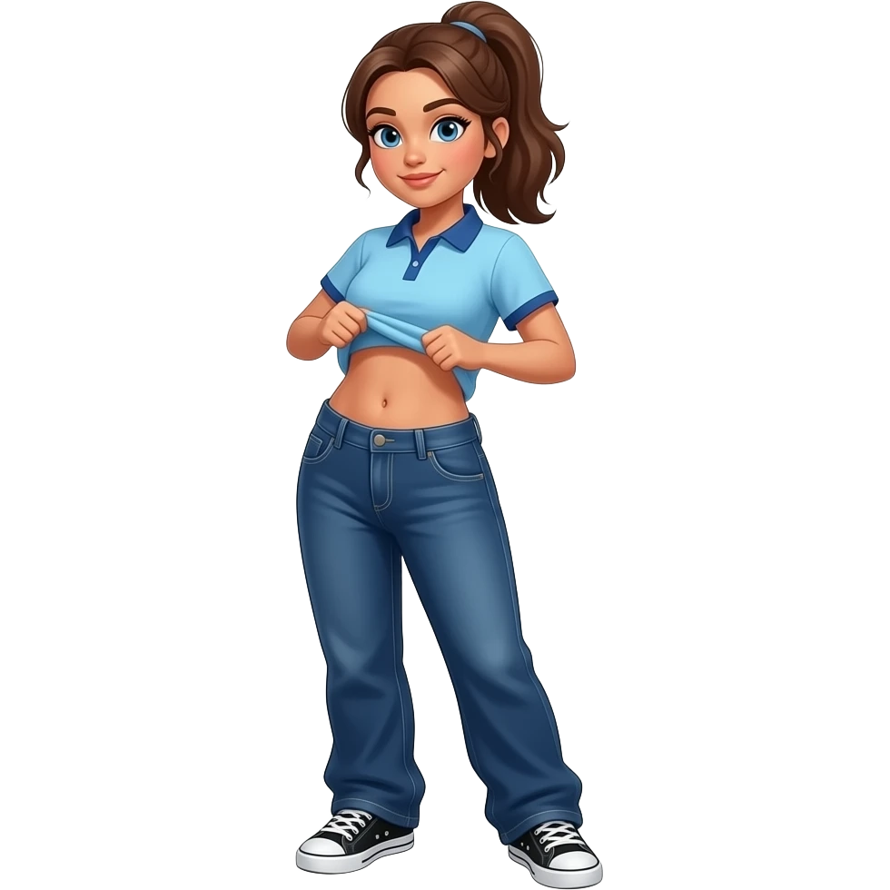 Hispanic woman with brown ponytail and blue eyes light blue dark blue lined polo and dark blue baggy jeans and belly button and black and white sneakers lifting her shirt funny belly trick emoji