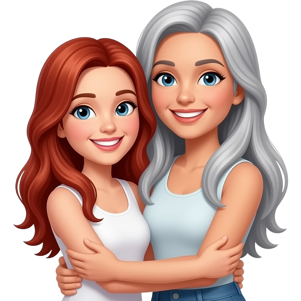 red long hair lady smiling, and tall grey long haired girl smiling, hugging emoji