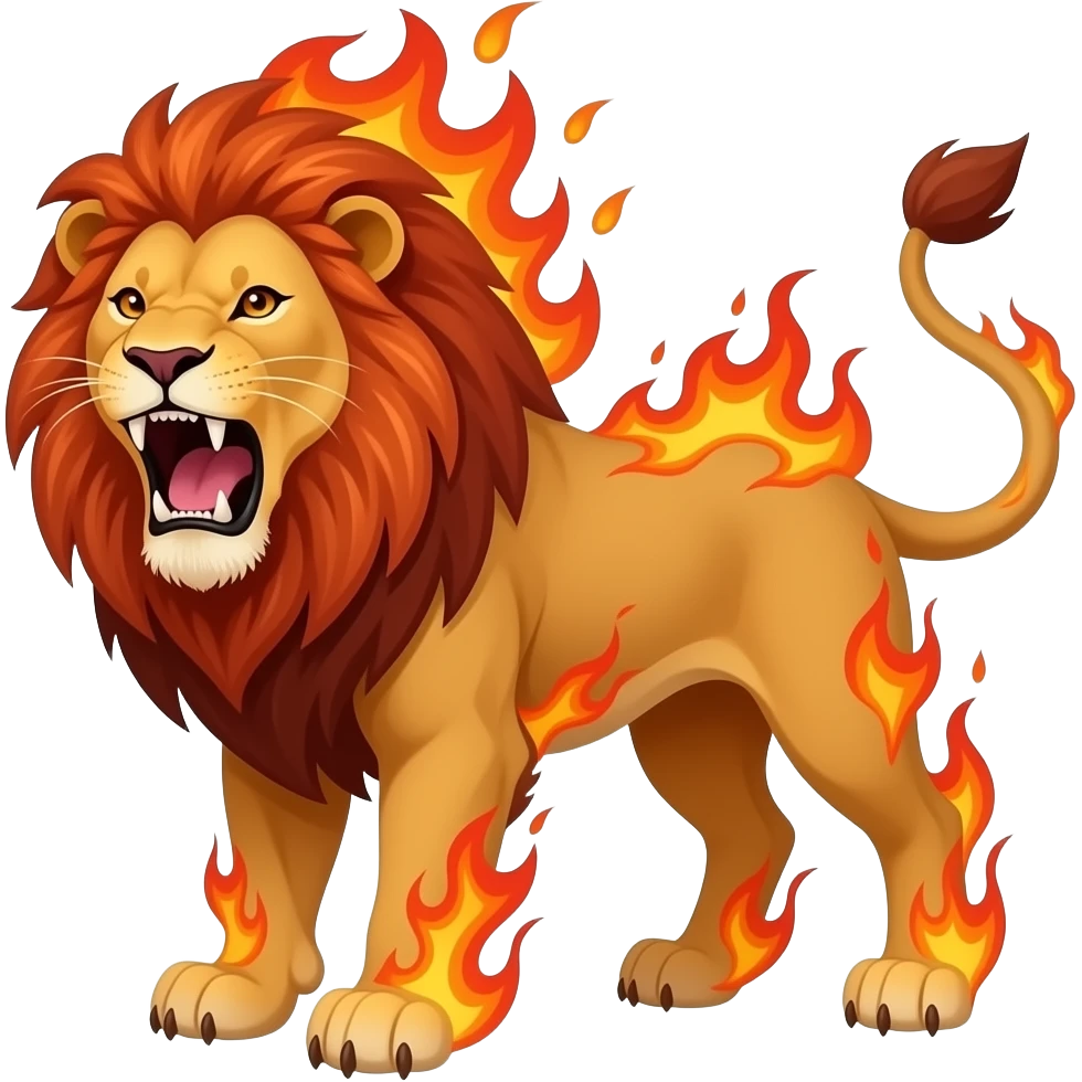 A fiery red and orange lion roaring at the camera with flames coming off its body emoji