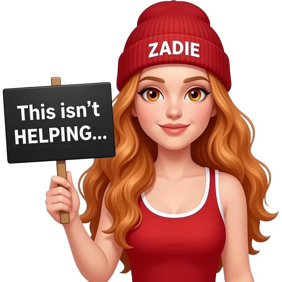 sexy girl with overlong wavy ginger hair and ginger eyes wearing a red tanktop and a red beanie with ZADIE written on it, is holding a black sign with This isn't HELPING... written on it emoji