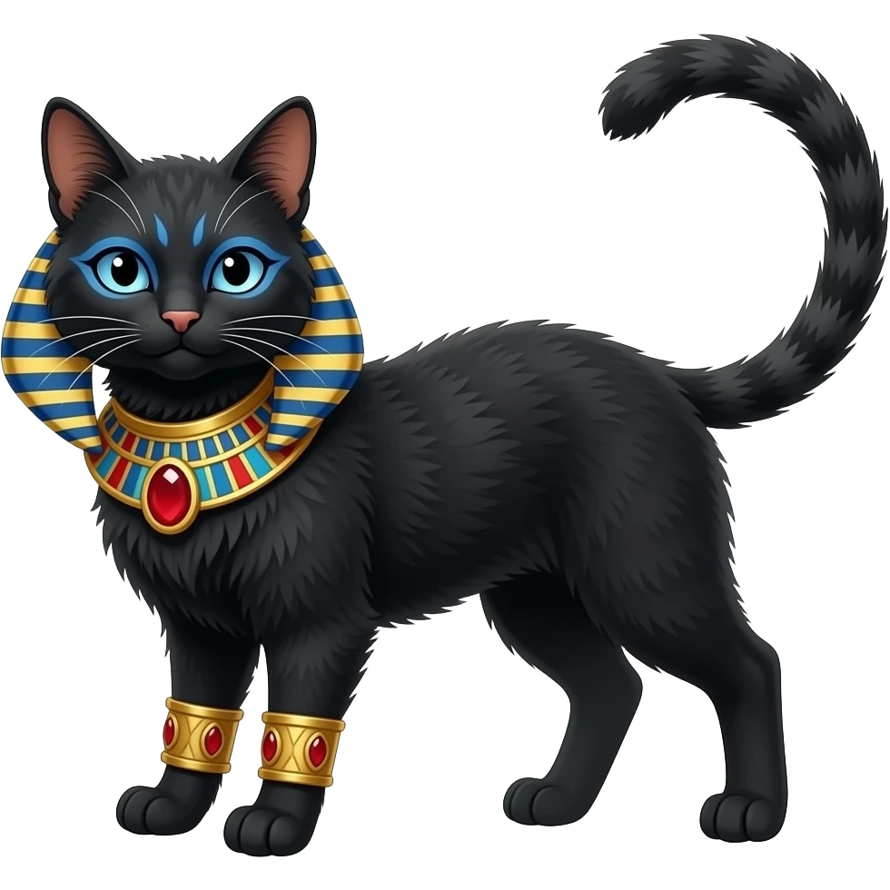 Realistic furry fuzzy Black godly overpowered ethereal majestic oriental ancient Lykoi-Caracal-Cat-Fakemon. With gold bangles, red rubies, Egyptian blue eye corner markings makeup, long thin tufted tail emoji
