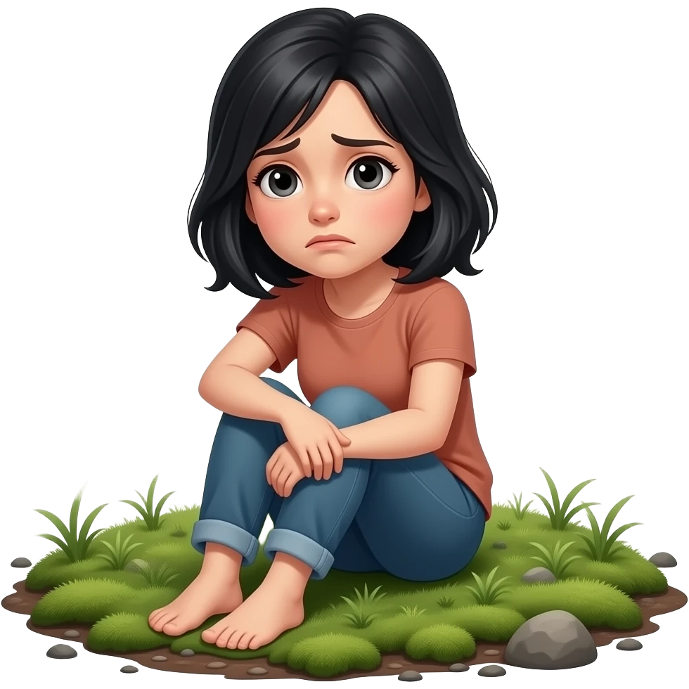 woman with black hair sitting on the ground worried emoji