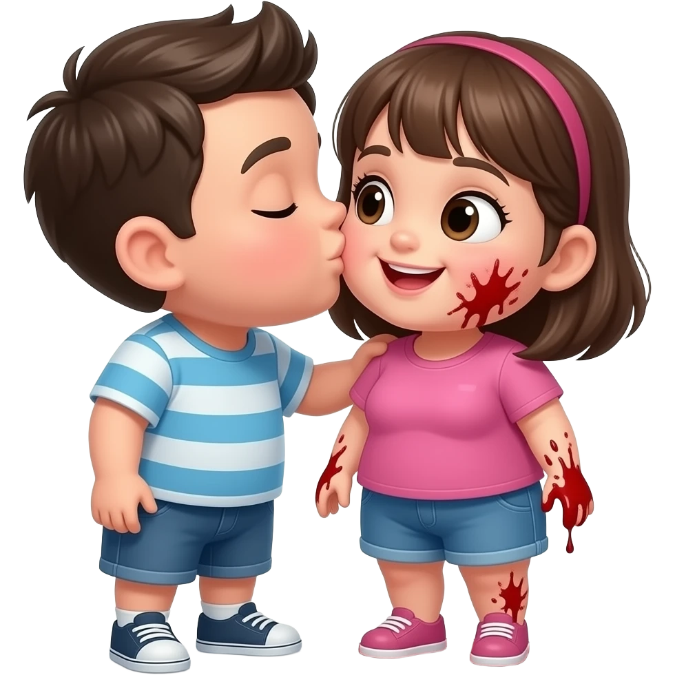 Un chico gordo besando a una chica gorda y que la chica tenga sangre en los brazos emoji