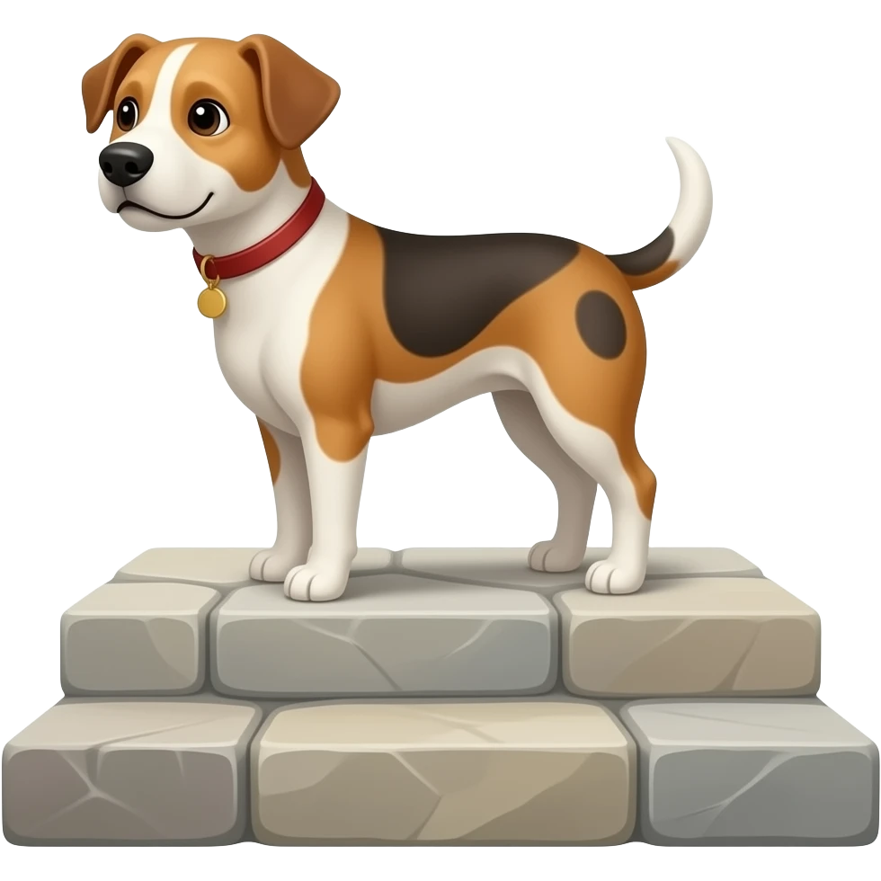 The dog stands upon the stone steps. emoji
