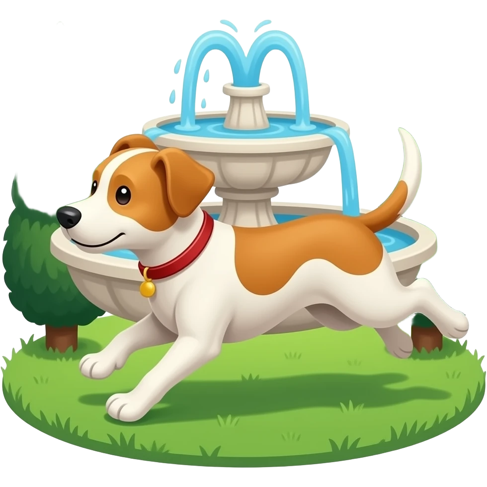 The dog runs around the garden fountain. emoji