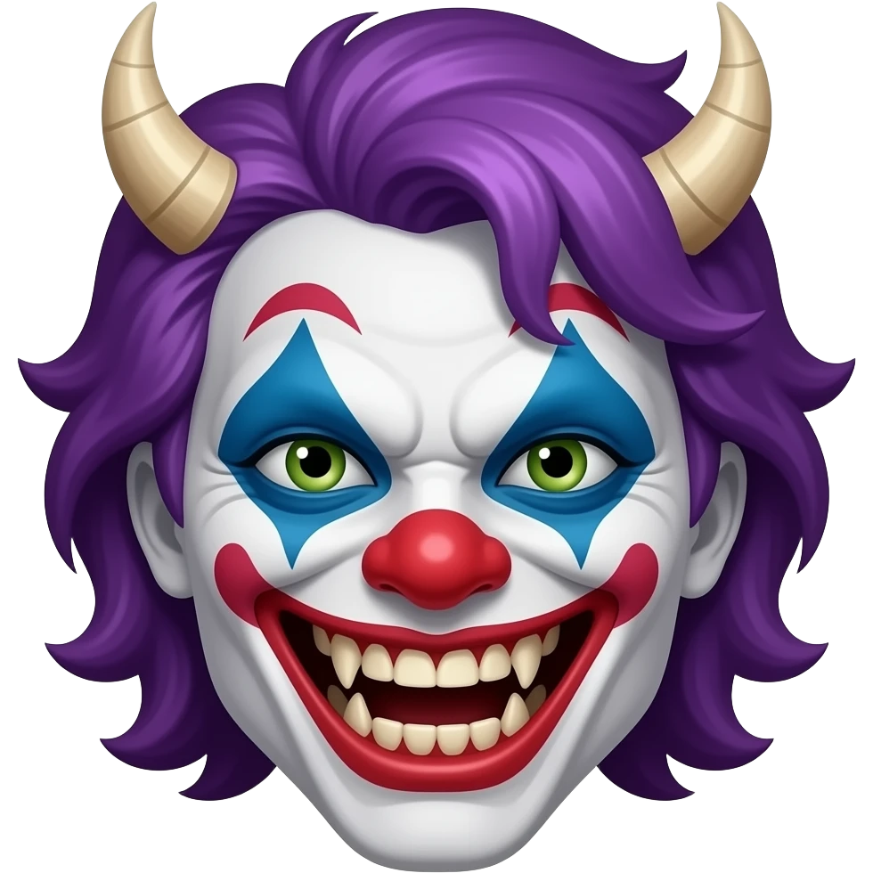 An evil , demonic clown with purple hair, head only, wicked grin, hyper real, crazy makeup, scary, hyper real, ultra real, (no horns) emoji