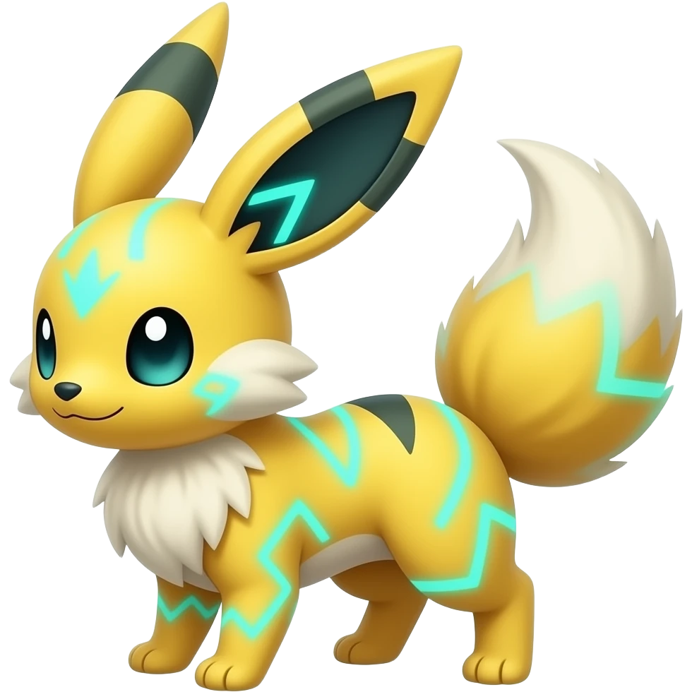 Yellow Zorua-Fennekin-Manectric-Electrike-Furret-Vaporeon-Fakémon-hybrid with glowing neon cyan markings emoji