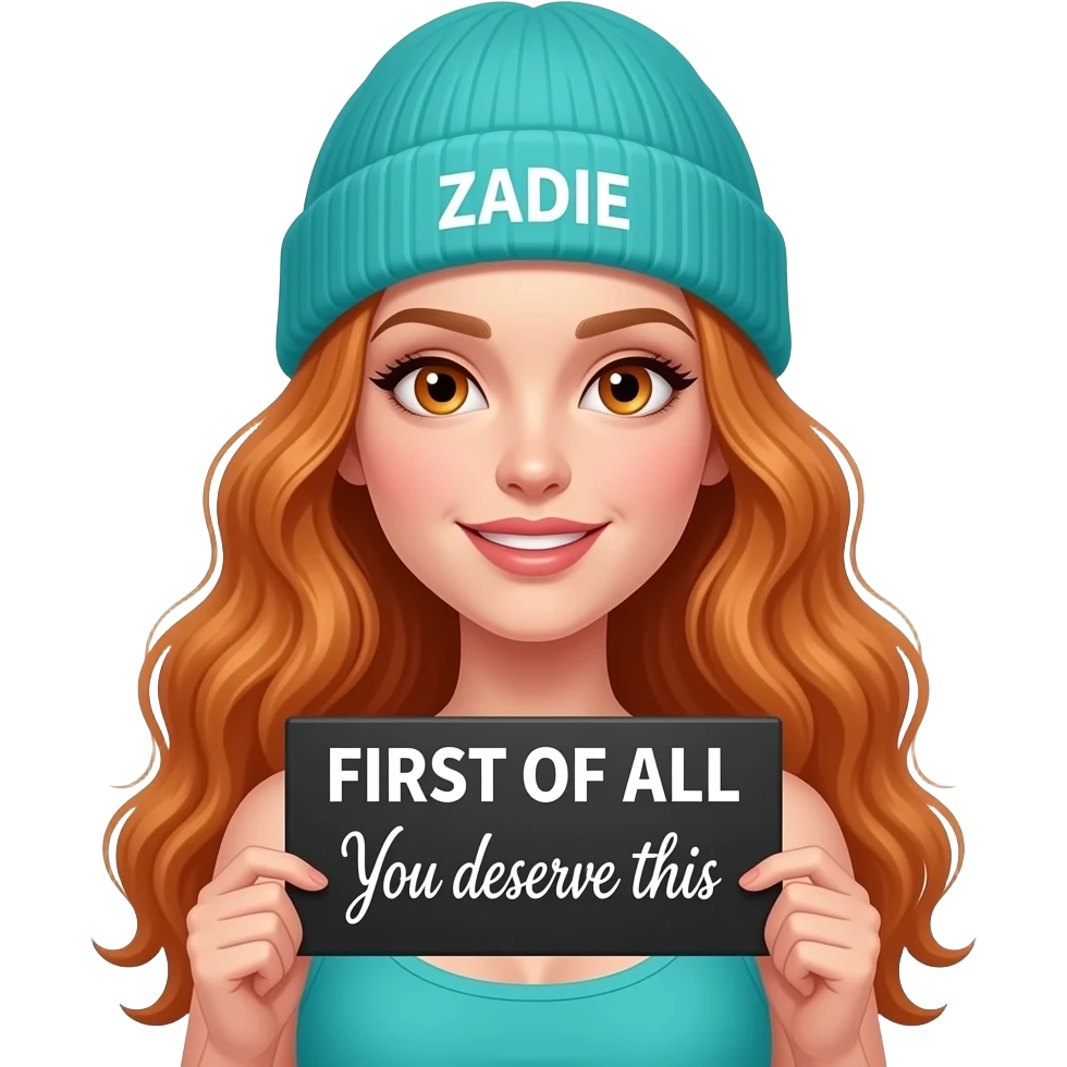 sexy girl with overlong wavy ginger hair and ginger eyes wearing a turquoise tanktop and a turquoise beanie with ZADIE written on it, is holding a black sign with FIRST OF ALL You deserve this written on it emoji
