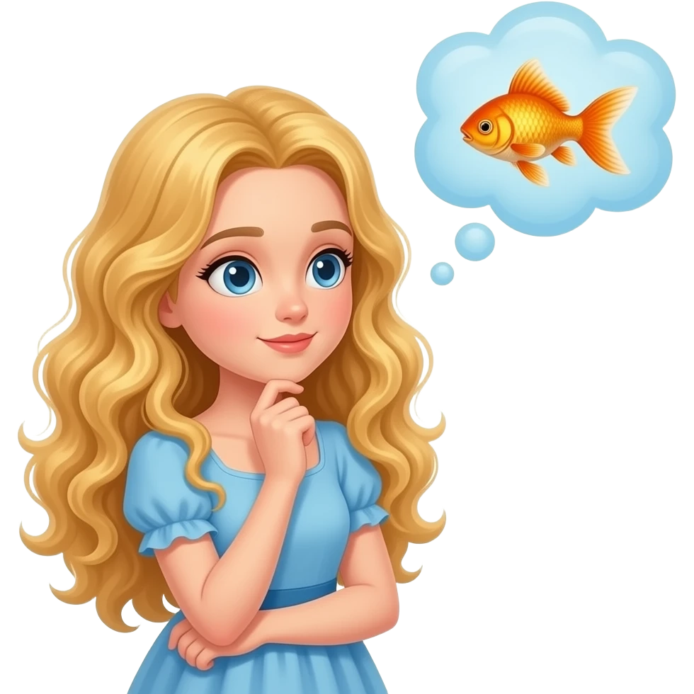Long haired Girl thinking about goldfish in thought bubble emoji
