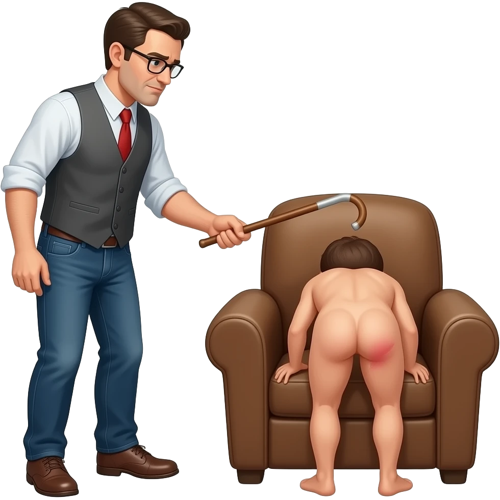 A clothed man with a thin cane beating A small, crying, naked man bending over a brown armchair with red buttocks very bruised emoji