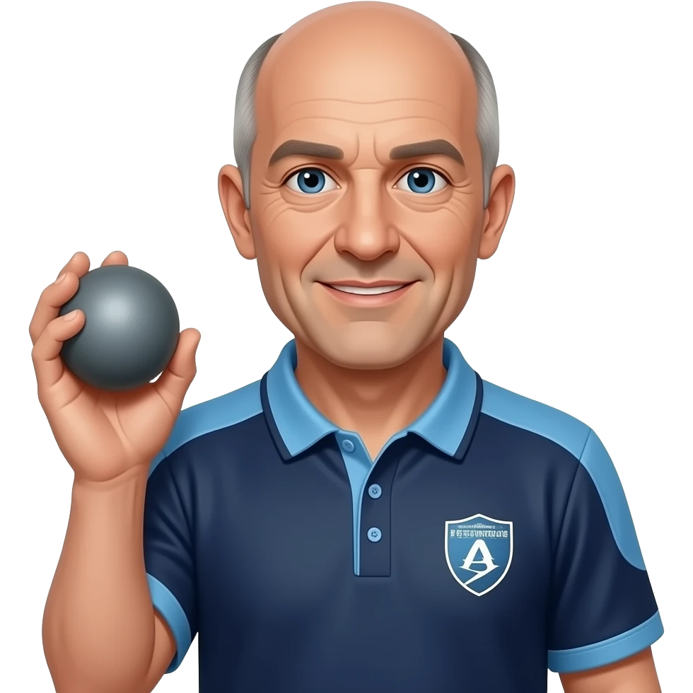 tête homme 60 ans yeux bleus sans cheveux avec boule de pétanque grise à la main sur maillot bleu foncé avec col trois boutons bleu clair et avec épaules seules bleu clair coté bras bleu foncé droit Pétanque LIVERDUN, côté gauche "Paulo la lose"" emoji