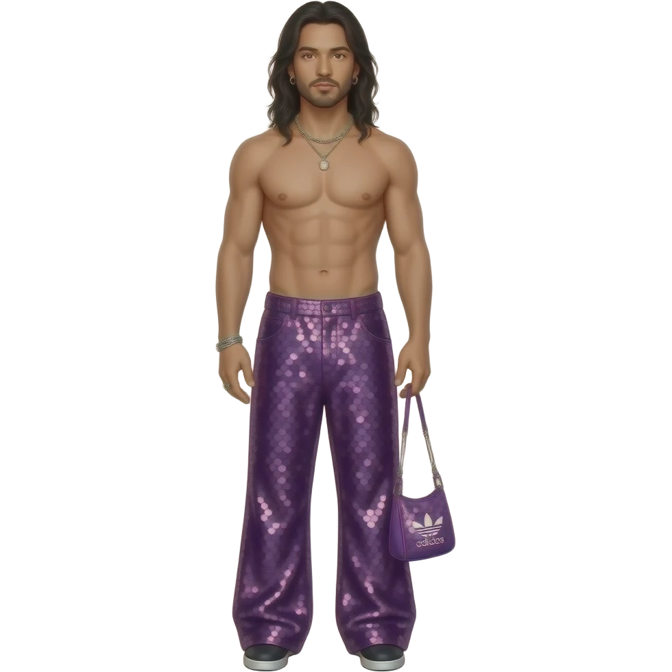 Jonathan Davis from behind with long black hair, purple adidas sequin baggy pants, shirtless with necklace and earrings emoji