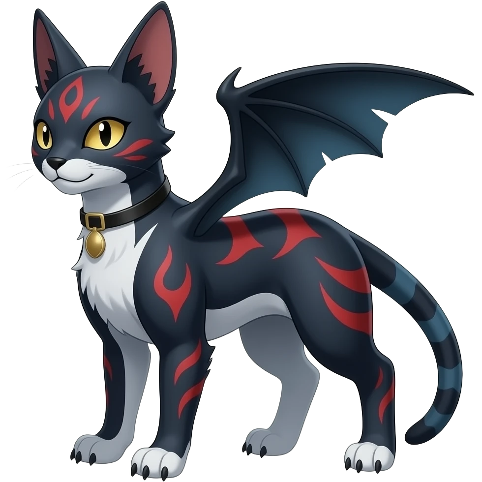 Realistic Digitigrade quadrupedal gothic cool edgy cute midnight scaly blue-gray-black, with red markings, white belly, scaley Bastet-Salandit-Absol-Umbreon-Litten-Noibat-Digimon-Fakémon-Pokémon-creature (full body), with bat wings as ears emoji