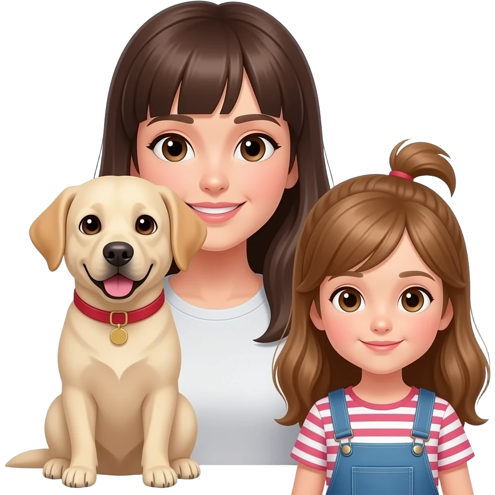 mamma con frangetta, capelli lunghi e una figlia grande ciuffo al lato capelli marrone chiaro e occhi marrone con una cagnolina beige emoji