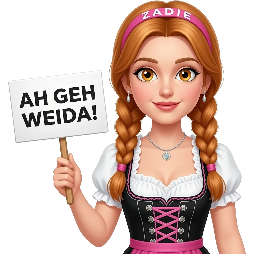 sexy girl with overlong ginger braids and ginger eyes wearing a black pink dirndl and a pink headband with ZADIE written on it, is holding a sign with AH GEH WEIDA! written on it emoji
