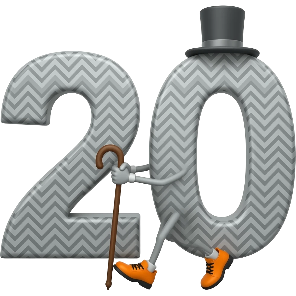 A gray-ish number 20 that has   orange shoes and a walking stick and it looks very fancy and it has a little zigzag on the 2 and the 0 , I want to see only the number 20 with shoes and a walking stick and a top hat n emoji