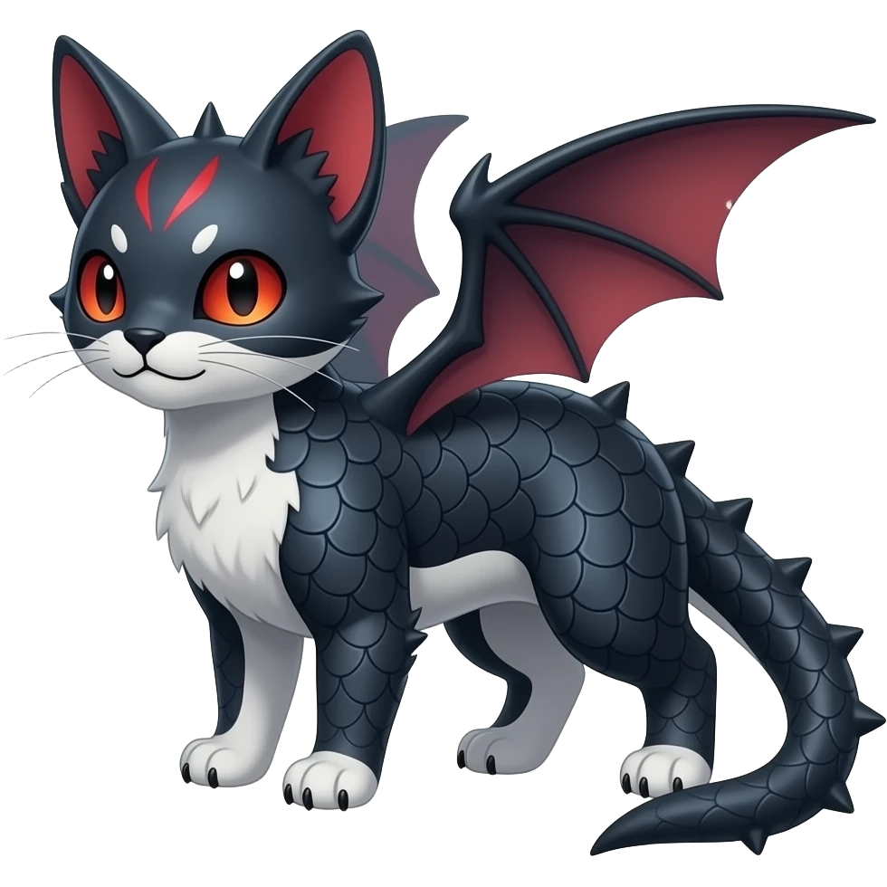 Realistic oriental Digitigrade quadrupedal gothic cool edgy cute midnight scaly blue-gray-black, with red markings, white belly, scaley Bastet-Salandit-Absol-Litten-Digimon-Fakémon-Pokémon-creature (full body), tiny spikes on back, with bat-EAR-wings on head as ears emoji