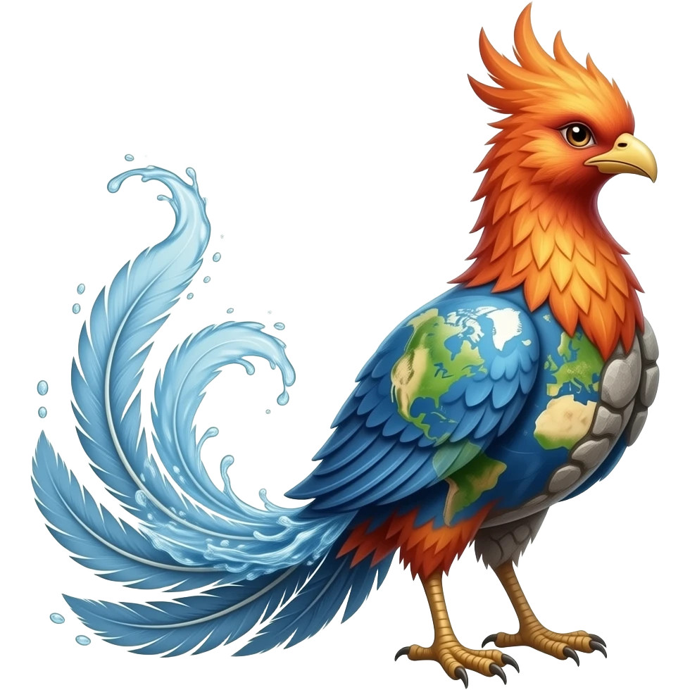A realistic phoenix with long tail feathers made of water on one side and Earth and Stone on the other side facing the camera. emoji