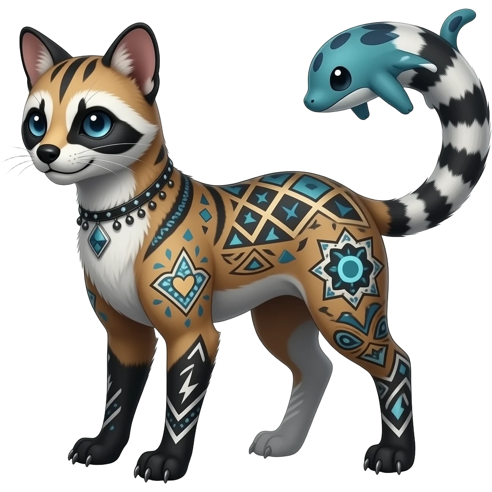 scaly spunky gothic Realistic tall slim unique original shiny edgy cool steampunk-cyberpunk-solarpunk-fantasy-Civet-Absol-Sprigatito-Vaporeon-Fakémon-hybrid with tribal chevron heart floral lightning bolt strikes damask paisley markings emoji