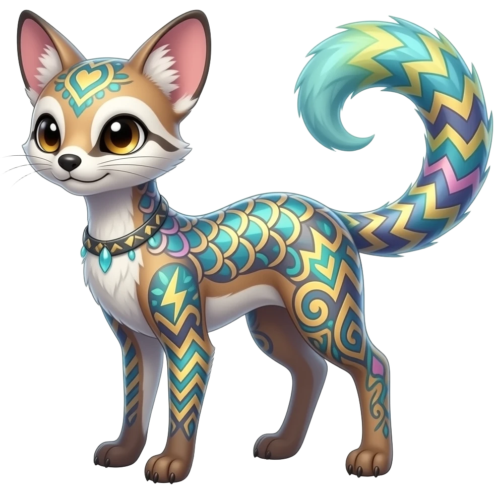 Colorful scaly spunky elegant thin Realistic tall slim unique fantasy original shiny edgy cool Civet-Absol-Sprigatito-Vaporeon-Fakémon-hybrid with tribal chevron heart floral lightning bolt strikes damask paisley markings emoji