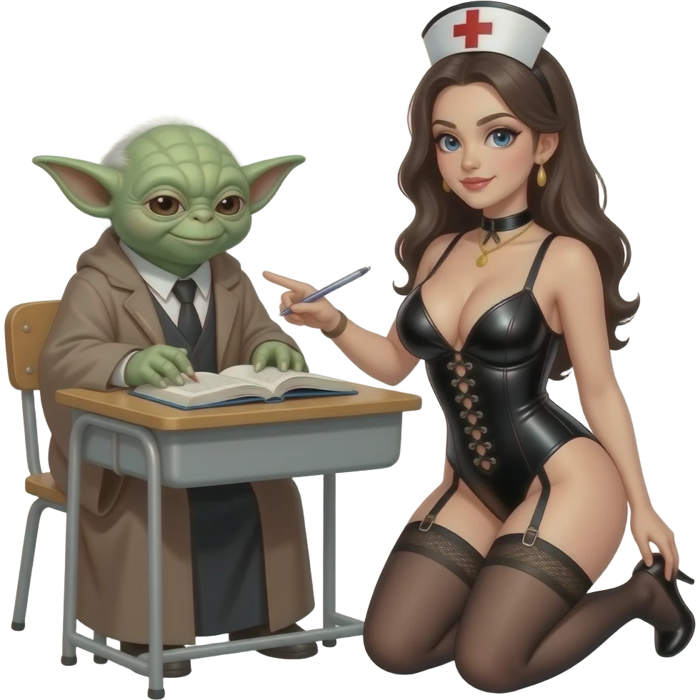 Nurse in black outfit,studying, with garter belt and large breasts, low cut black leather outfit, kneeling in front of schoolmaster yoda emoji