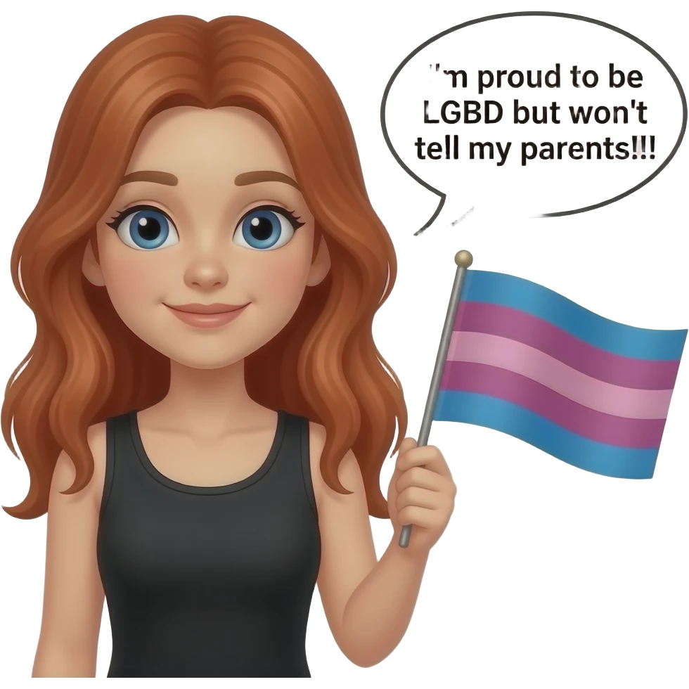 ten year old with long red hair and a black tanktop holding a bisexual flag and saying "I'm proud to be LGBTQ but won't tell my parents!!" emoji