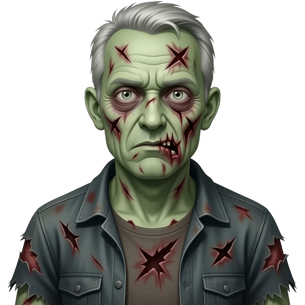zombie old man with pale green skin, visible wounds, scary expression, dead eyes emoji