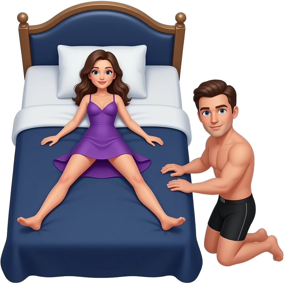 woman, in purple chemise, laying legs apart, on navy blue king size bed, with man kneeling beside her with black boxer shorts on emoji