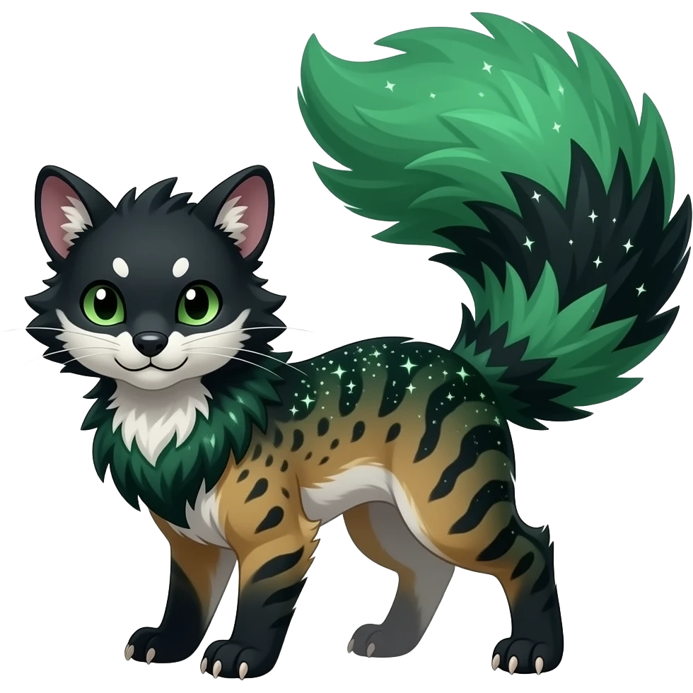 Hyper realistic forest-hunger-green-emerald-green-onyx-black-gradient velvet fur soaked in starlight glitter and shadow gradients beautiful elegant pretty precious cute Fakémon-Pokémon-opossum-Lykoi-serval-caracal-chinchilla-Furret-Minccino-hybrid-creature with a big fluffy bushy tail (full body) emoji