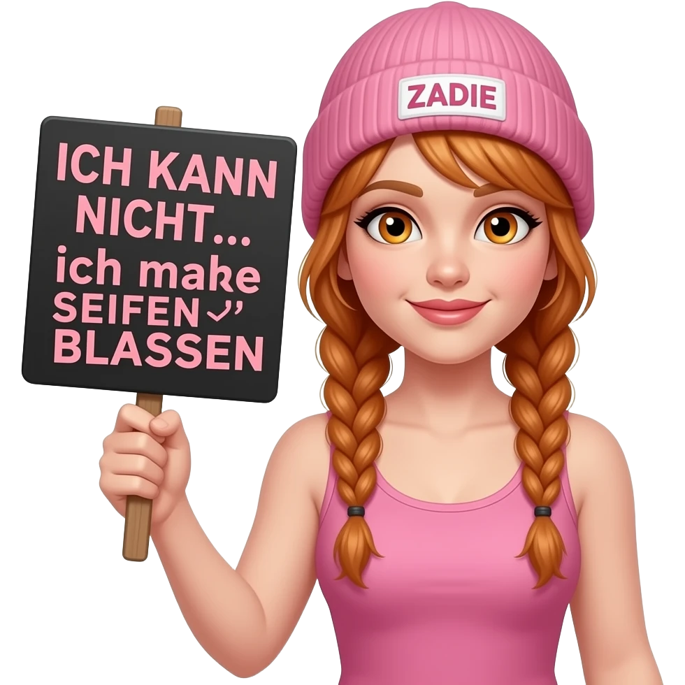 sexy girl with overlong ginger braids and ginger eyes wearing a pink tanktop and a pink beanie with ZADIE written on it, is holding a black sign with ICH KANN NICHT... ich mache SEIFENBLASEN written on it emoji