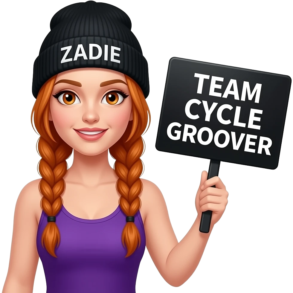 sexy girl with overlong ginger braids and ginger eyes wearing a purple tanktop and a black beanie with ZADIE written on it, is holding a black sign with TEAM CYCLE GROOVER written on it emoji