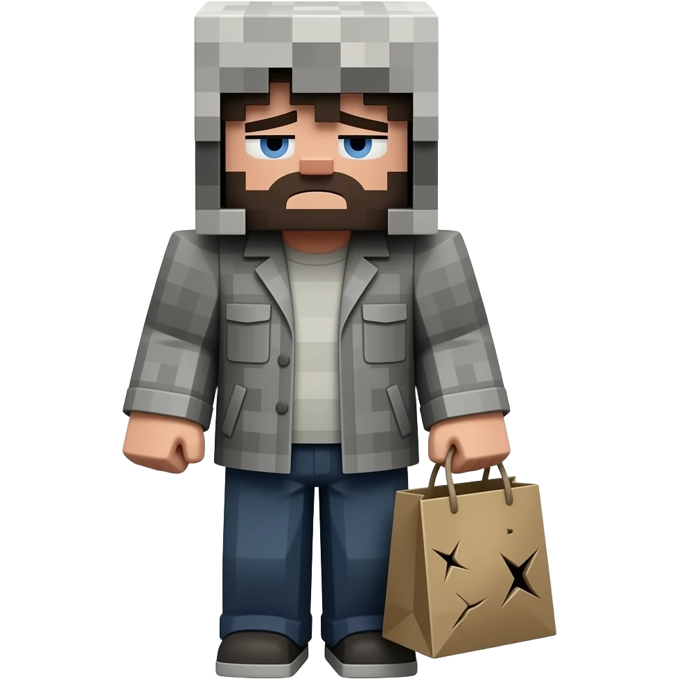 poor minecraft skin as a homeless with a broken shopping bag in his hands and tired eyes. He has to look devasteted emoji