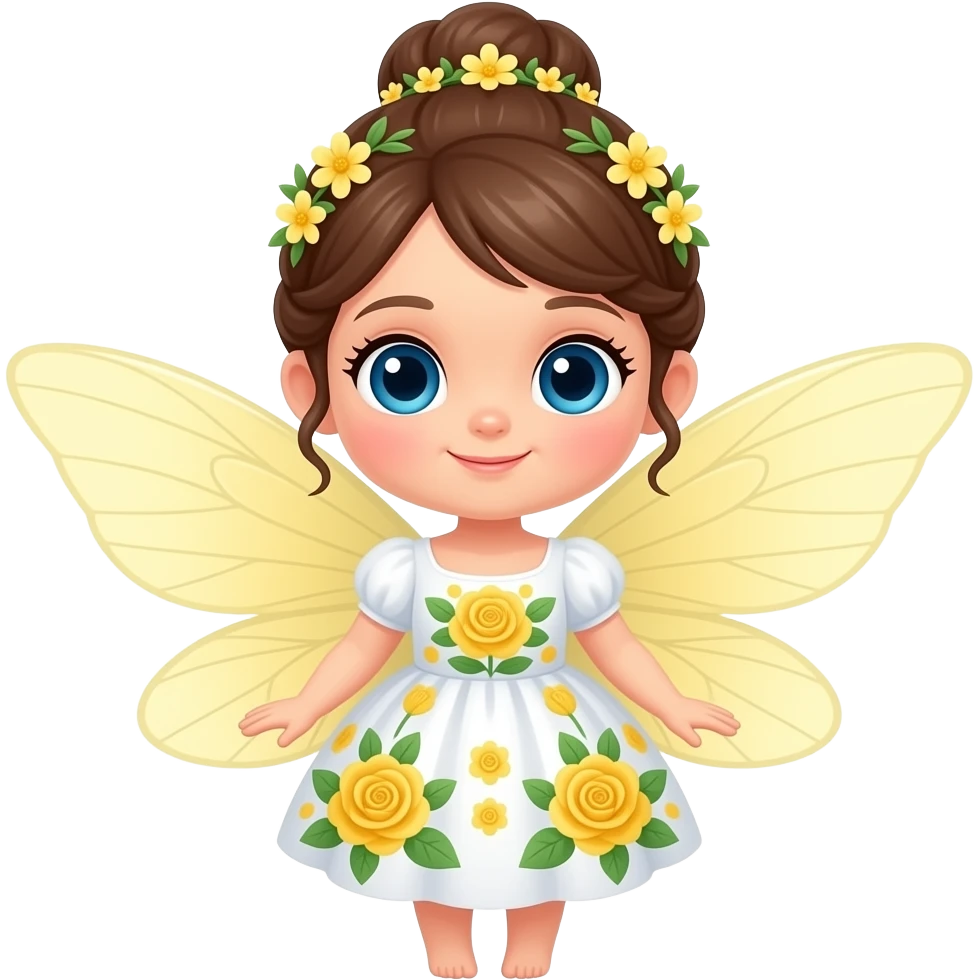 Cute cartoon fairy with large blue eyes, a unique whimsical braided updo adorned with tiny blossoms, wearing a crown of soft yellow flowers and a white dress with yellow and green floral rose patterns inspired by yellow flowers, her translucent light yellow wings spread emoji