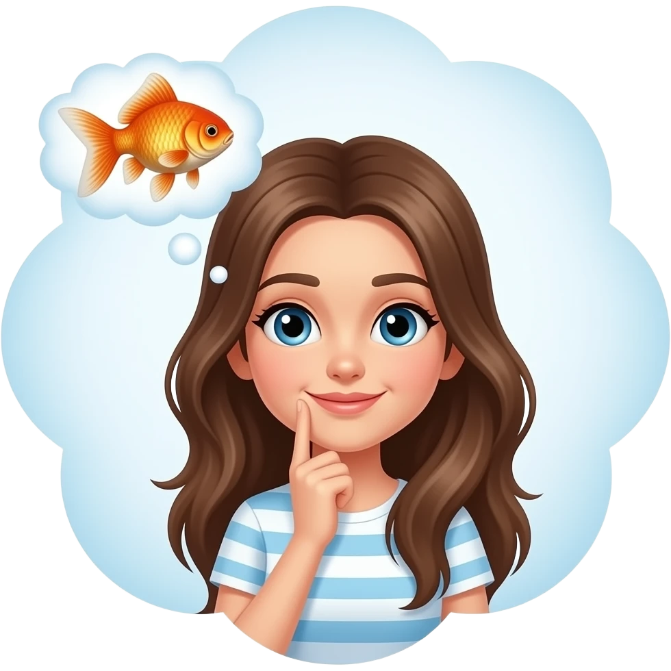 Long brown haired Girl thinking about goldfish in thought bubble emoji