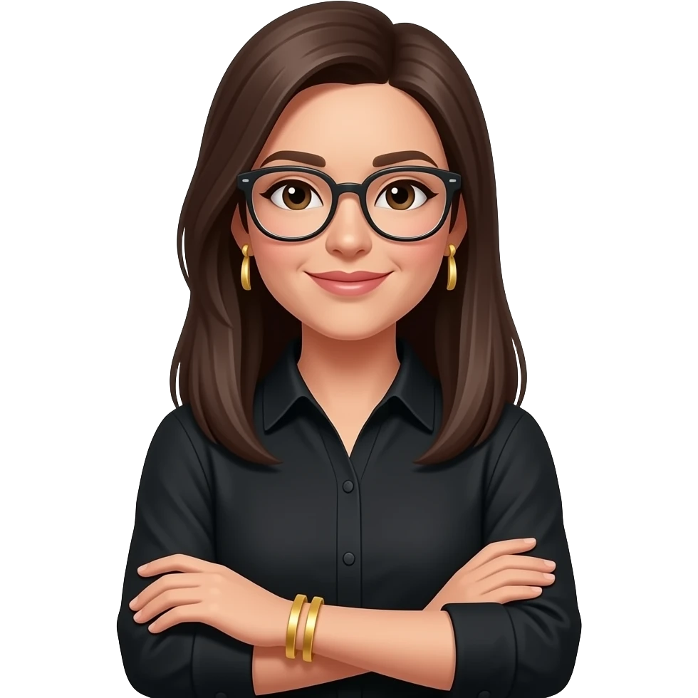 middle part long dark brown straight hair, glasses, marketing, recruiting, gold bracelets and gold earrings, in black long sleeve emoji