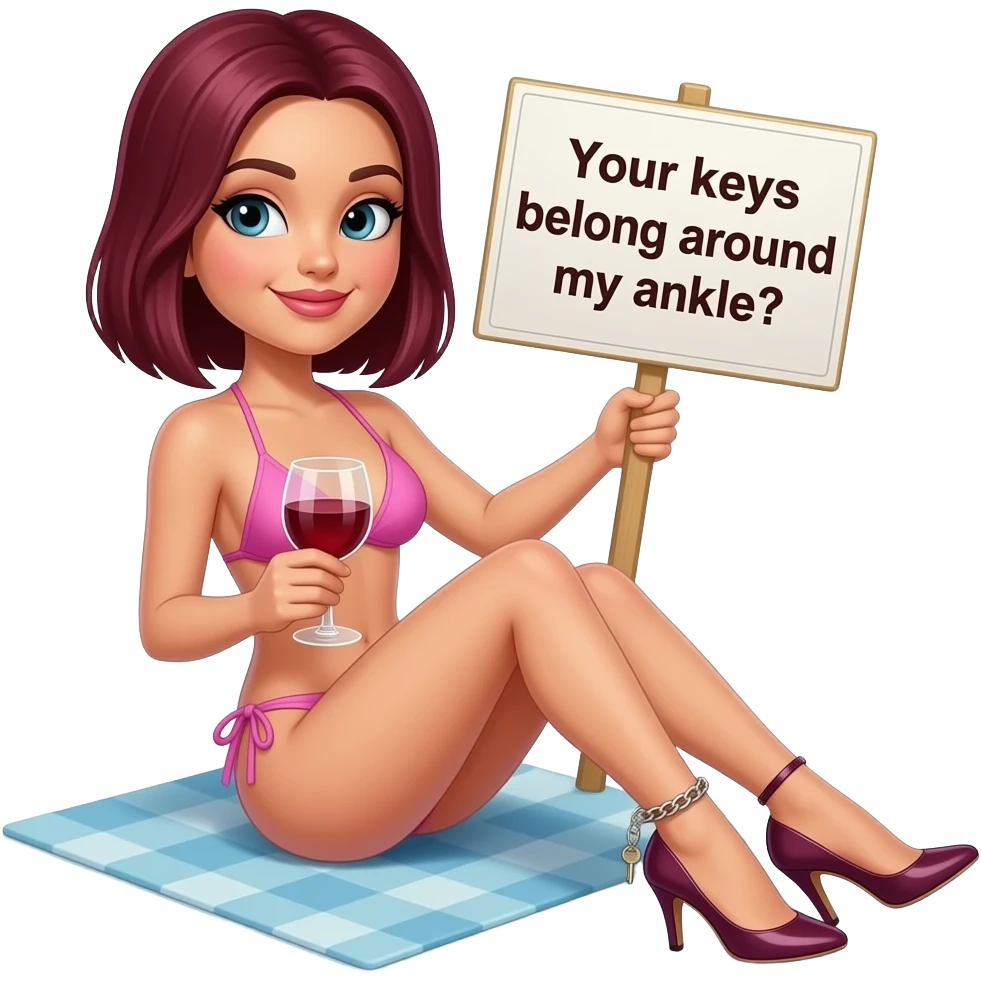 woman. burgundy, straight shoulder-length hair, sunbathing. baby pink bikini. high stiletto heels. Ankle chain with small key dangling from it. glass of red wine in one hand. sign in other hand that says "Your keys belong around my ankle". emoji