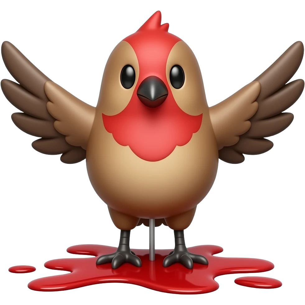 A 2D render iPhone emoji icon of a detailed Brown and red color 3D Render iPhone emoji png of a songbird pinned up with its wings sprawled out and mangled and blood underneath the bird emoji