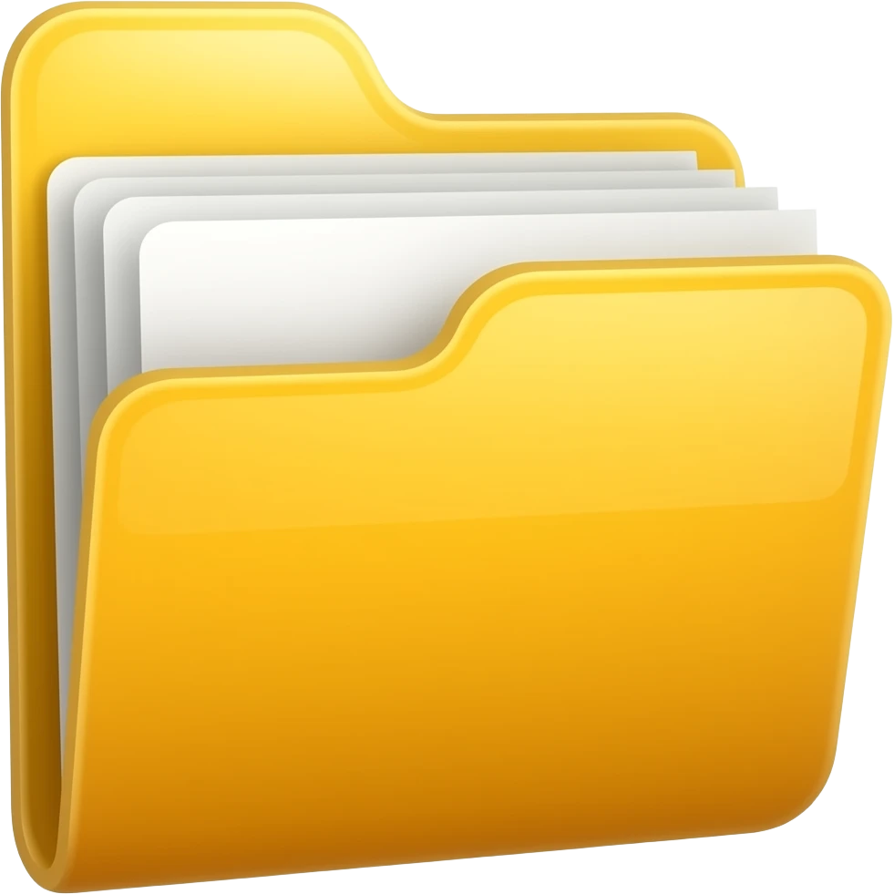 Create a realistic 3D yellow open file folder emoji, slightly open with a few blurred white papers inside. Soft shadows and subtle reflections, light from the top-left, clean white background, no text, square 1:1 high-resolution icon style emoji