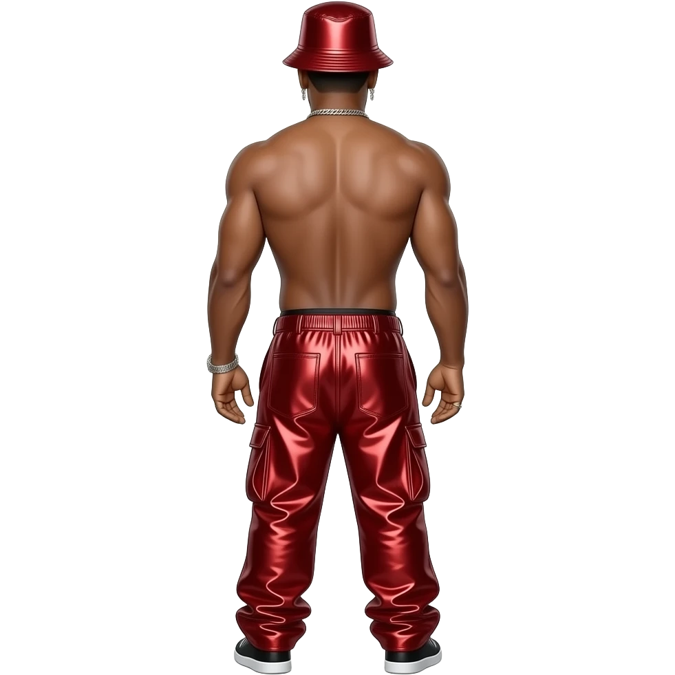 LL Cool J from behind with red metallic bucket hat, red metallic baggy pants, shirtless with necklace and earrings emoji