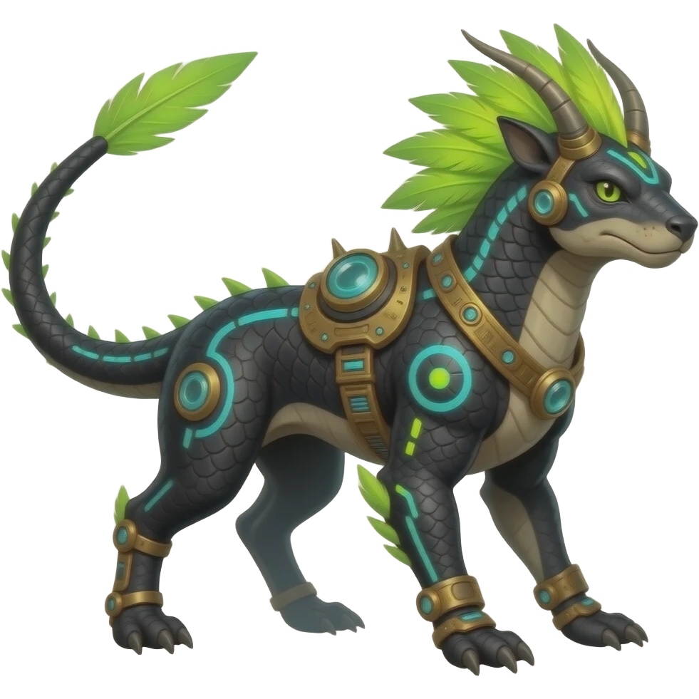 Cool edgy ancient black-scaled with neon-cyan stripe markings digitigrade bipedal vintage futuristic raptorik fantasy-Cyberpunk-Steampunk-Solarpunk-Genesect-Salamence-Cyclizar-Salazzle-Feraligatr-Fakémon-animal-hybrid, with neon feather-mane, and a tail blade, back spikes, full body emoji
