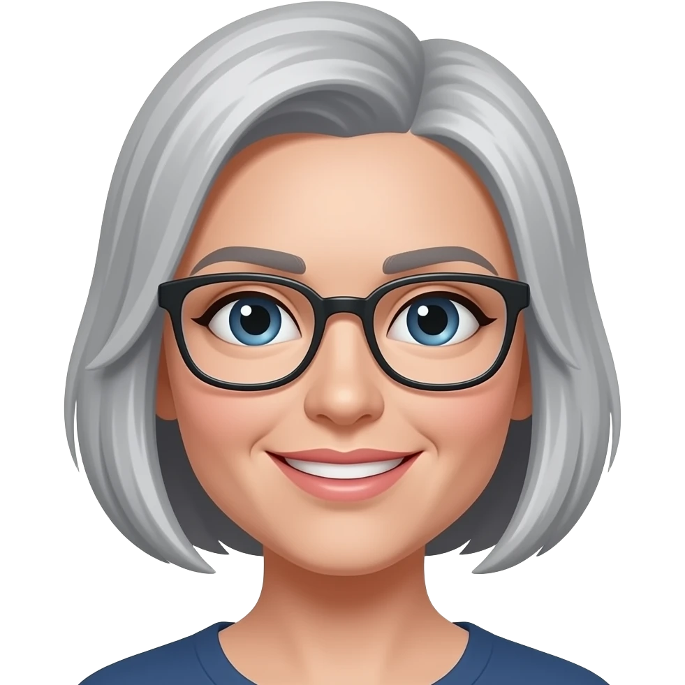 female, salt and pepper hair, bob cut, no bangs, with eyeglasses emoji