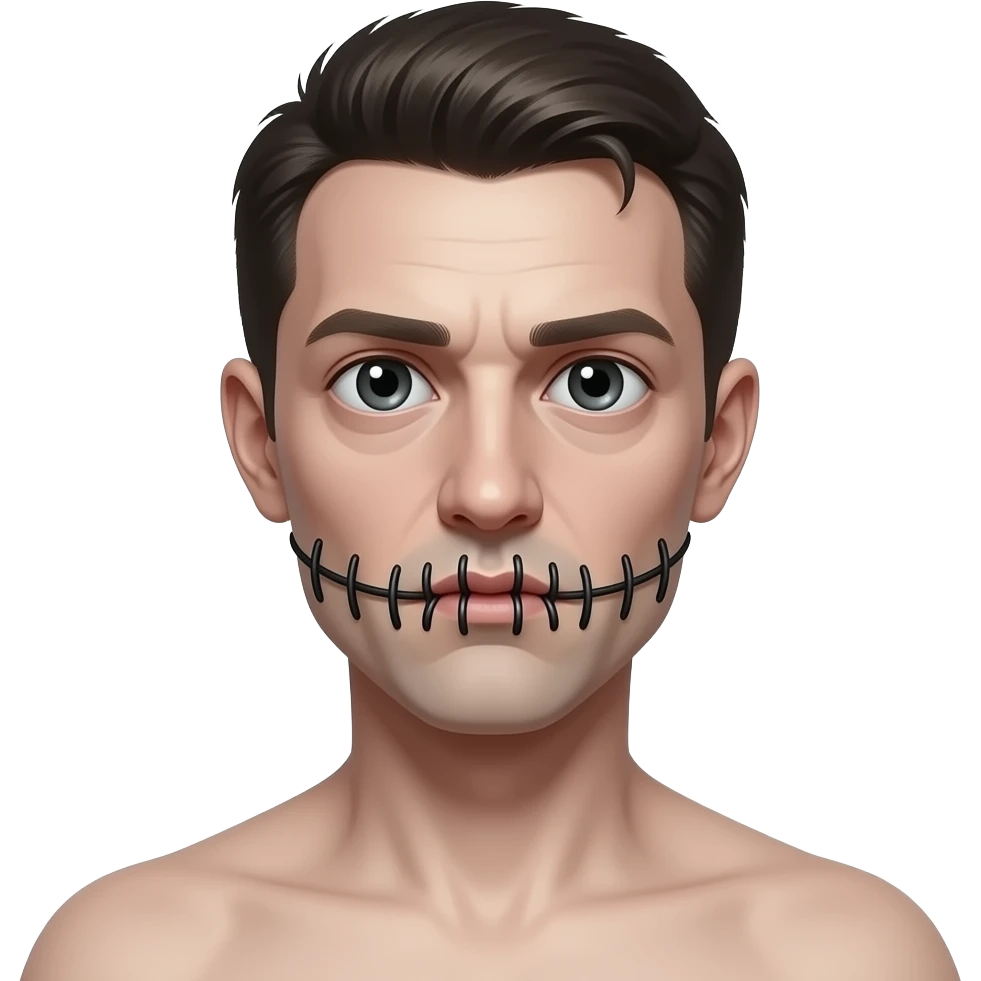 tall, pale man with massive eyes and a mouth sewn shut tightly with black thread. scary, unnatural look, paranormal, very skinny emoji