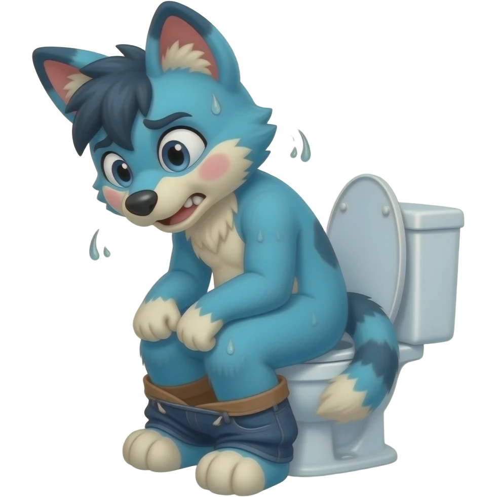 blue fursuit sitting on toilet, side view, pants down, straining face, blushing face, sweating, pain, pushing, both fits, discomfort, grunting emoji
