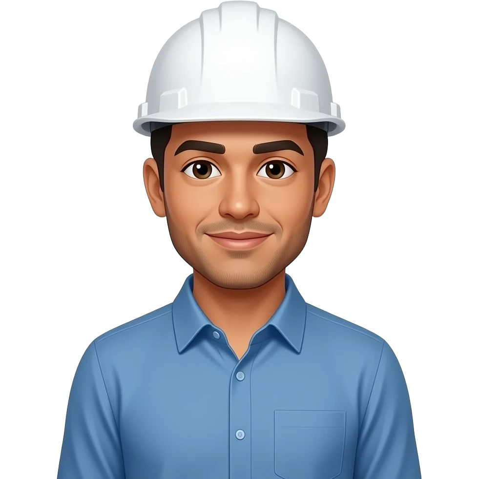 Emoji estilo Memoji de hombre latino, piel trigueña, barba corta, con casco blanco de ingeniero y camisa azul manga larga, expresión confiada emoji