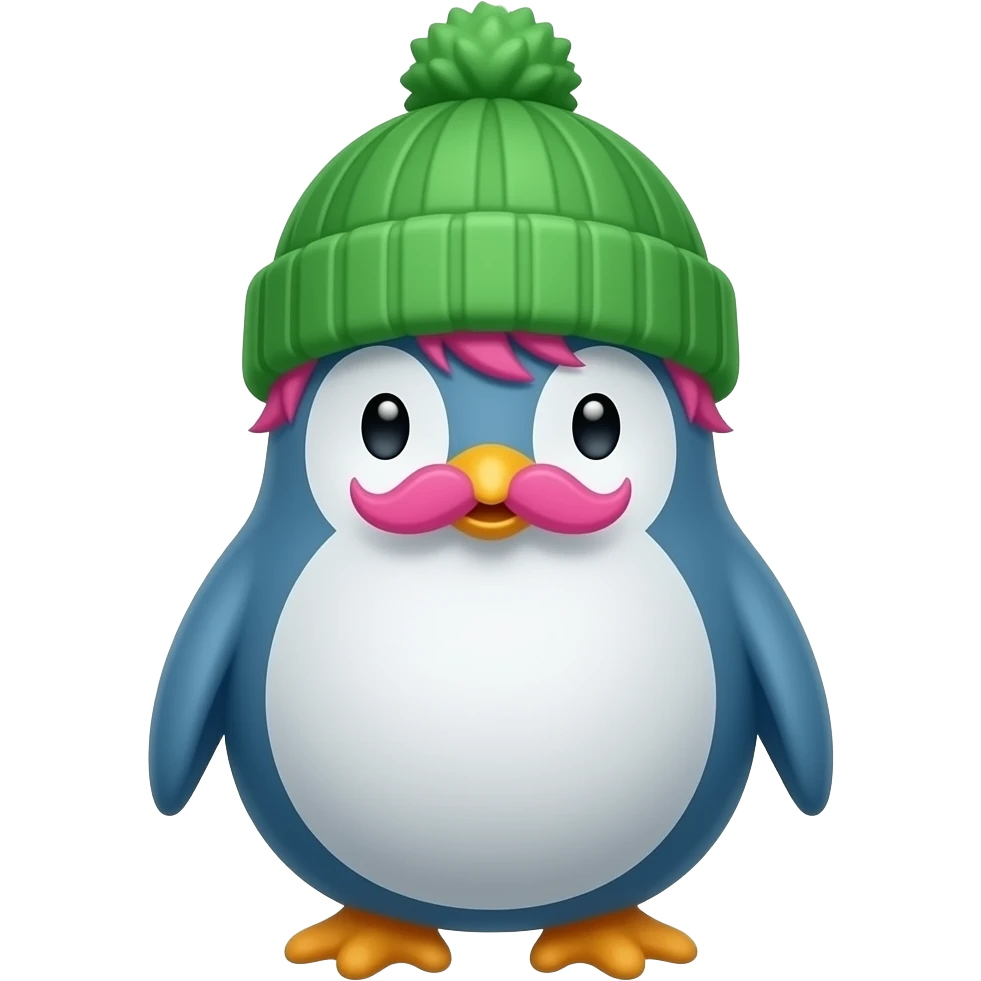 blue penguin with pink mustache and pink hair, and green beanie just face emoji