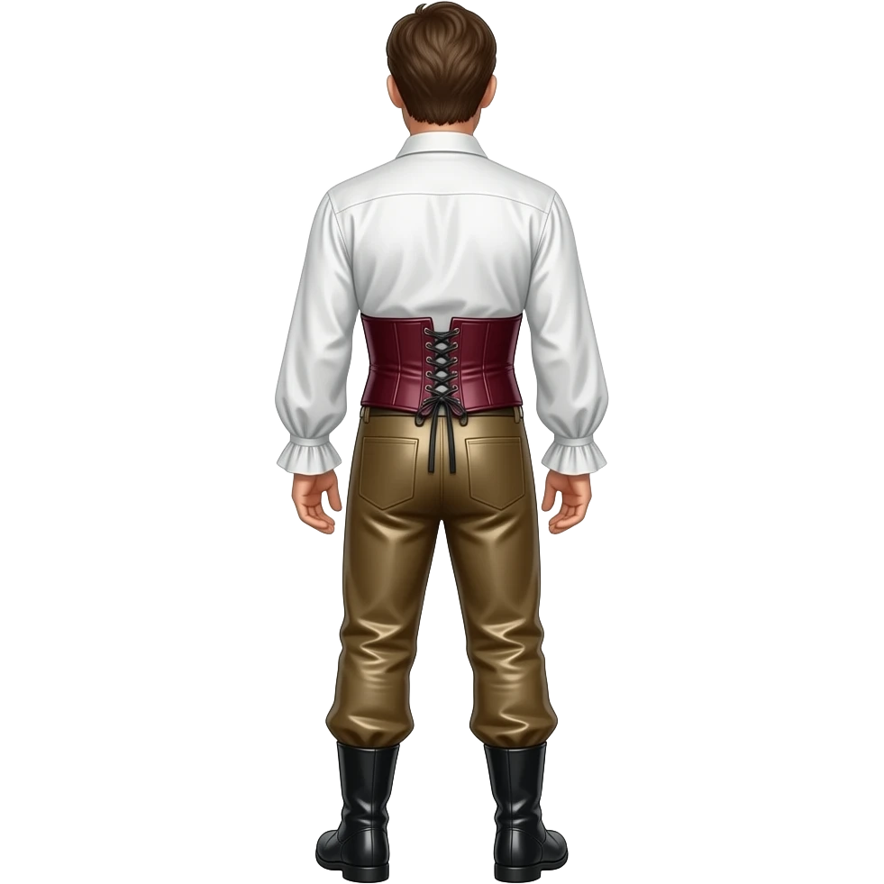 Oliver Reed from behind with white metallic ruffle shirt, maroon metallic corset belt, dark beige metallic saggy pants, black metallic boots, necklace emoji