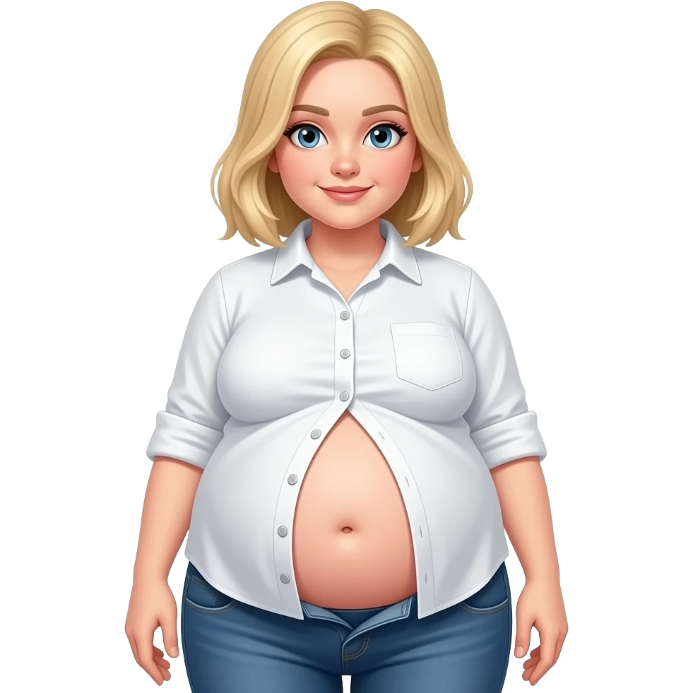 Showing a white blonde girl’s big full bloated and gigantic stomach with a bellybutton going peekaboo and her shrunk white shirt losing the battle of the bulge as the poor failing clothes button pop off. emoji